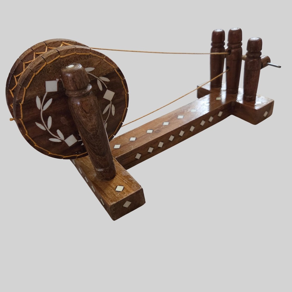 Vintage Handcrafted Wooden Charkha Spinning Wheel Model Bone Inlay Decorative